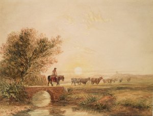 Egy lovas drover szarvasmarhákkal átkel a hídon naplementekor (ceruza és WC papíron)